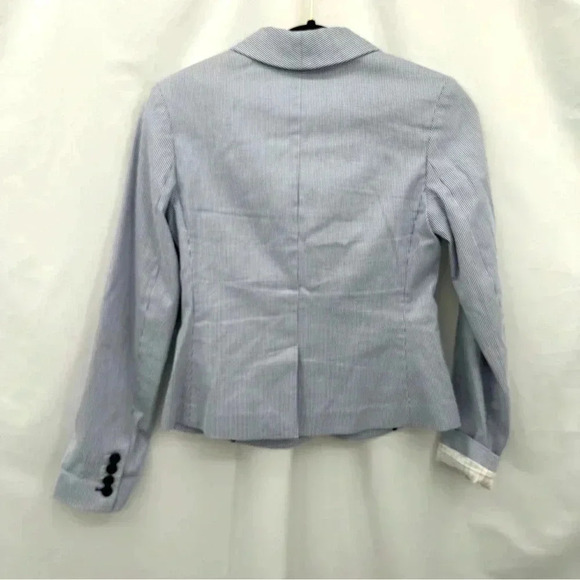Express Womens Striped Jacket Blazer 0 Blue White Faux Pockets Collared Unlined - Picture 2 of 13